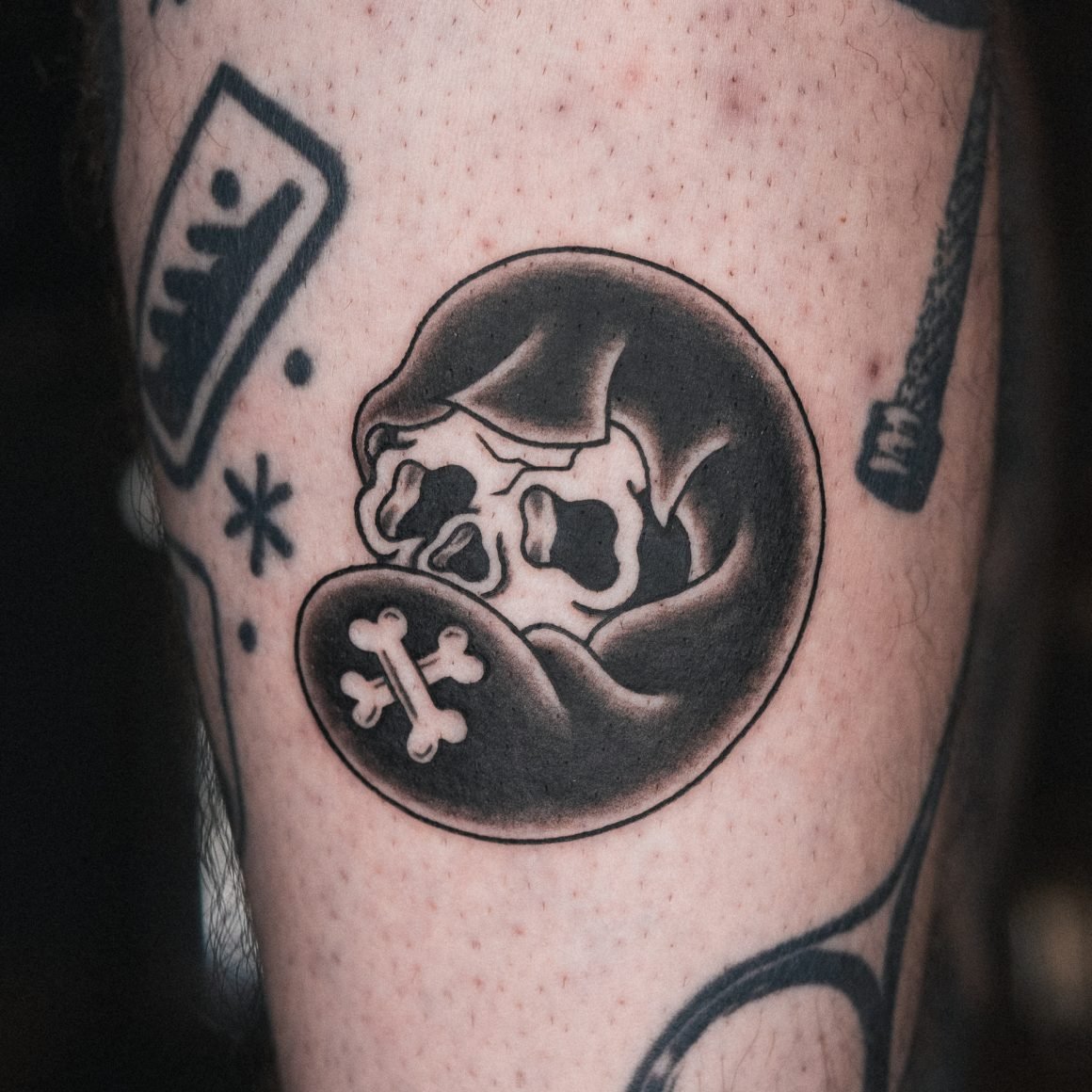 Black and Gray Daruma Skull Tattoo