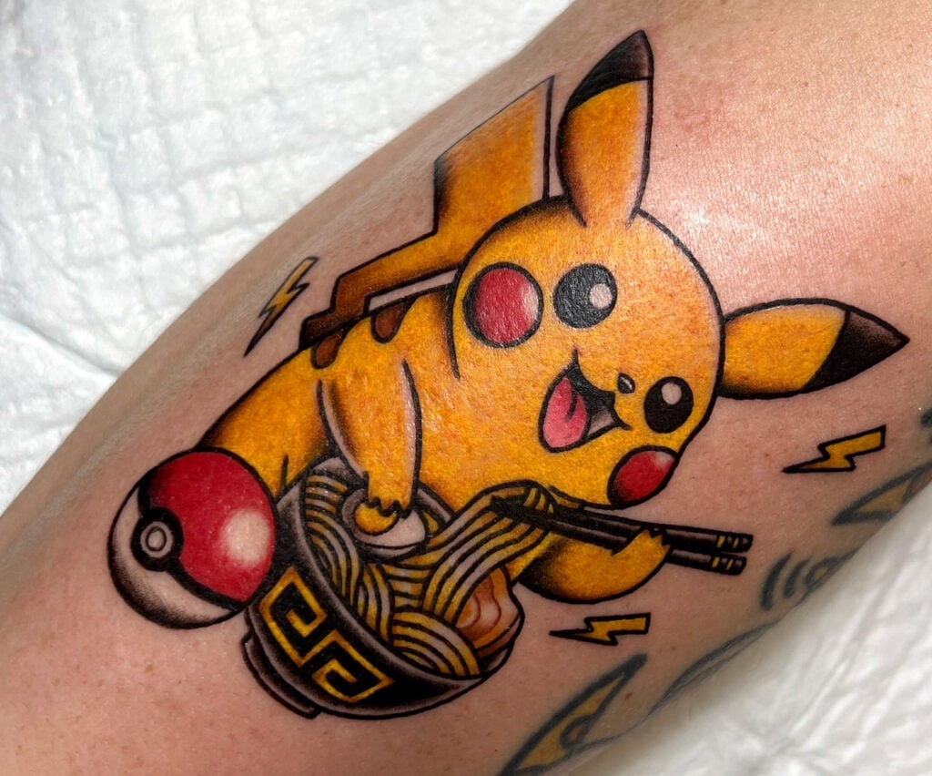 Cute Pikachu color tattoo with soft shading and clean outlines, created at Good Times Ink Osaka.