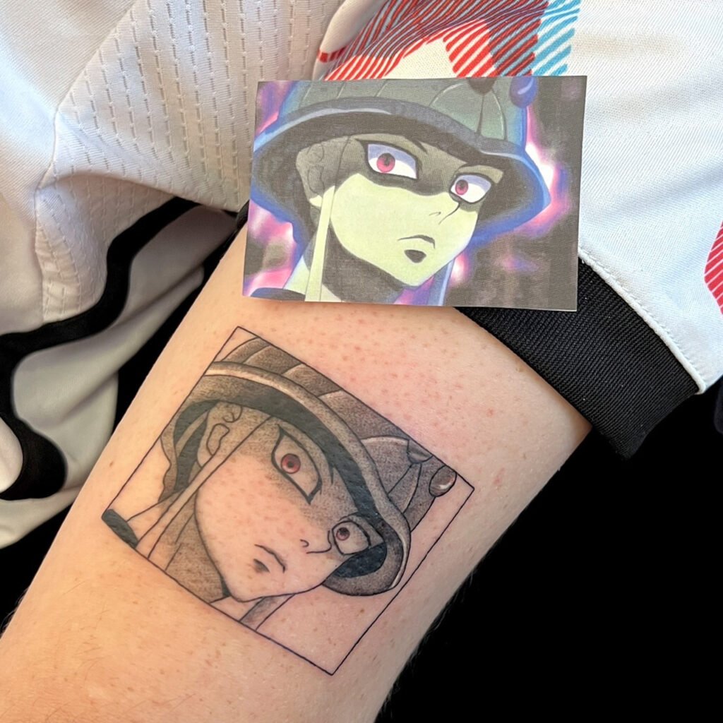 Meruem regal‑poise tattoo with balanced silhouette, Osaka studio.