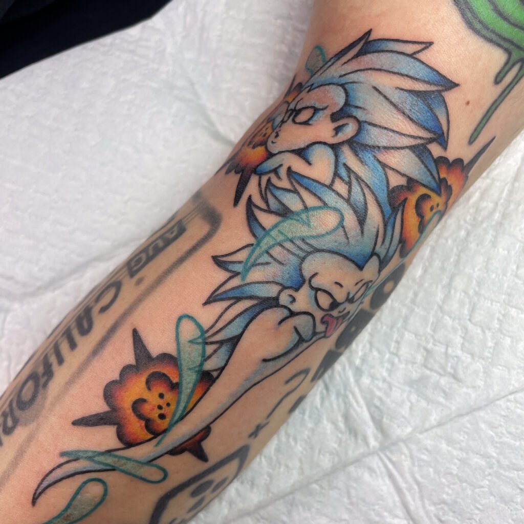 Gotenks Super Ghost Kamikaze Attack tattoo in trad vibe, Osaka.