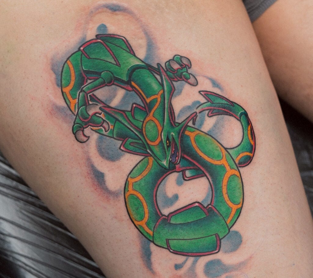 Rayquaza New School color tattoo with bright, accurate game-inspired palette, created at Good Times Ink Osaka.