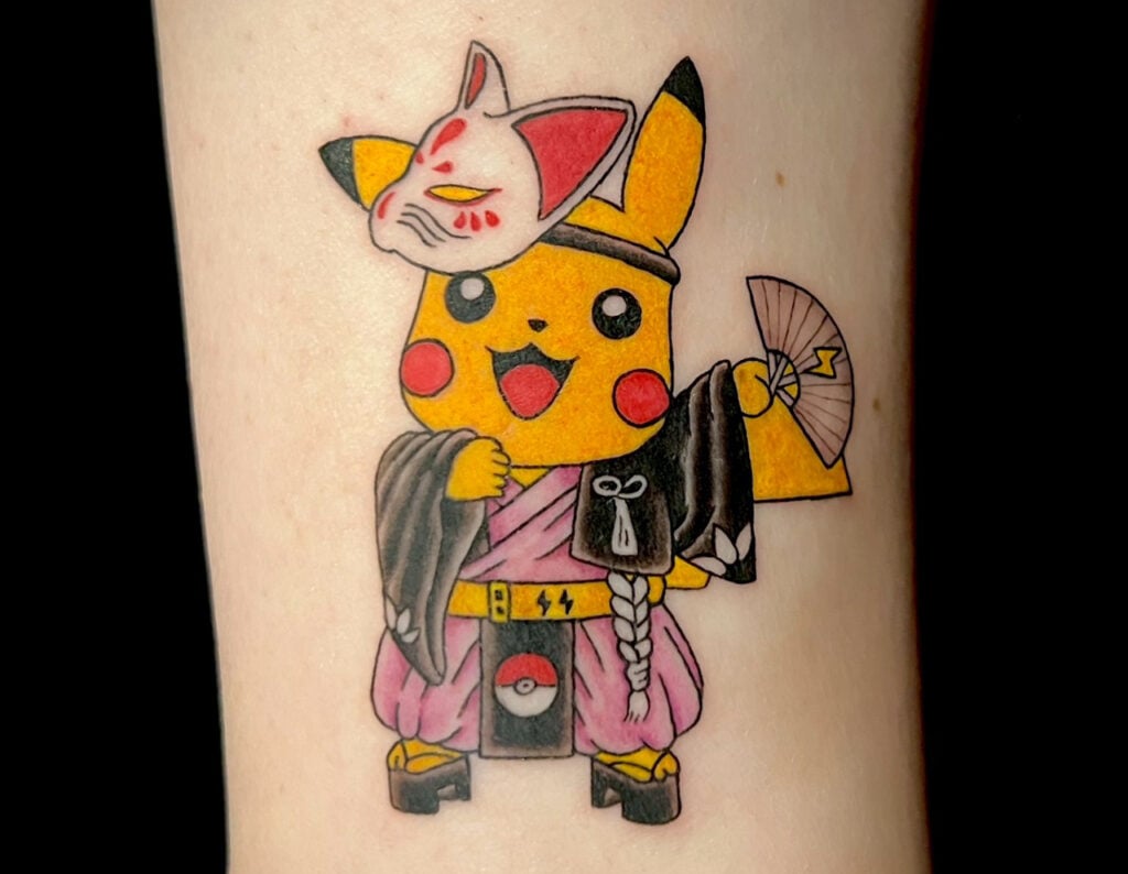 Cute Pikachu color tattoo with soft shading and clean outlines, created at Good Times Ink Osaka.